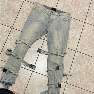 602. men versatile distressed jeans with buckle straps size 36